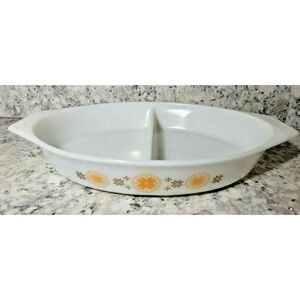Vintage Pyrex Oval Divided Serving Dish‎ NO Lid Town Country Orange Brown 1.5 Qt